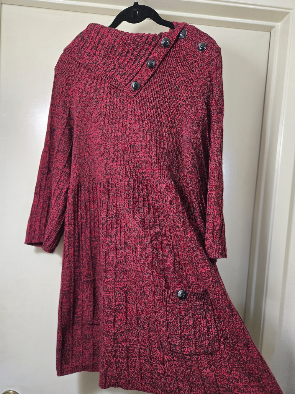 Button-Shoulder Knit Swing Dress in Maroon